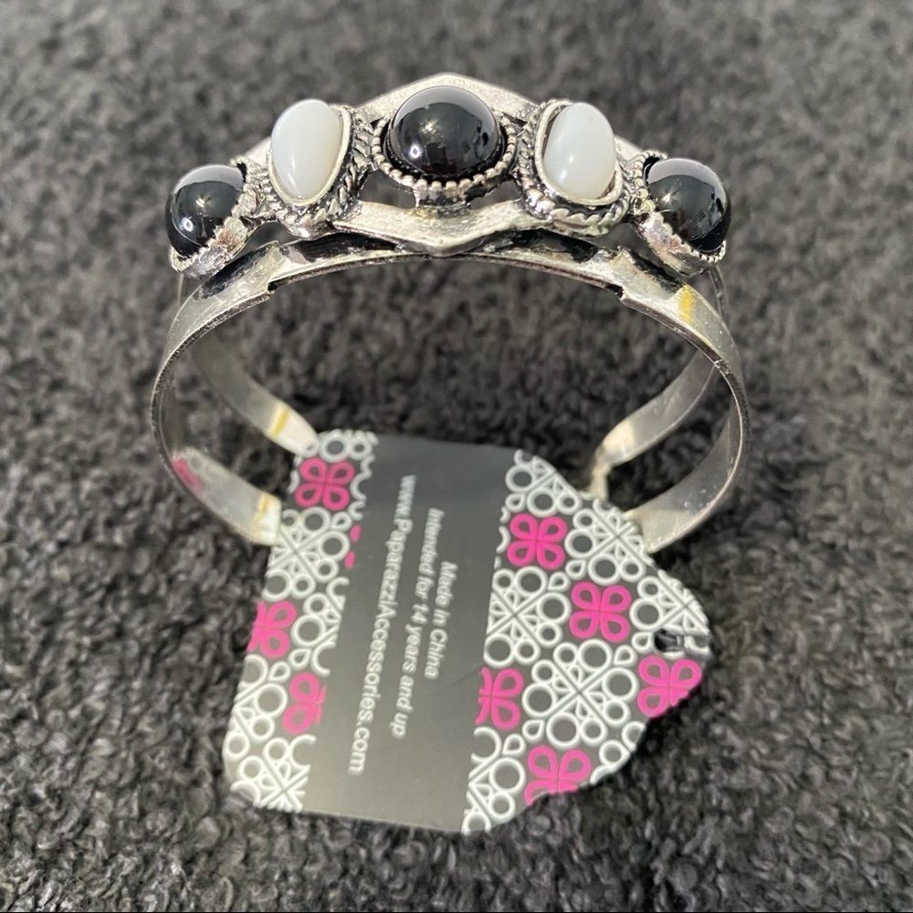 Silver tone black white beaded cuff bracelet by Paparazzi